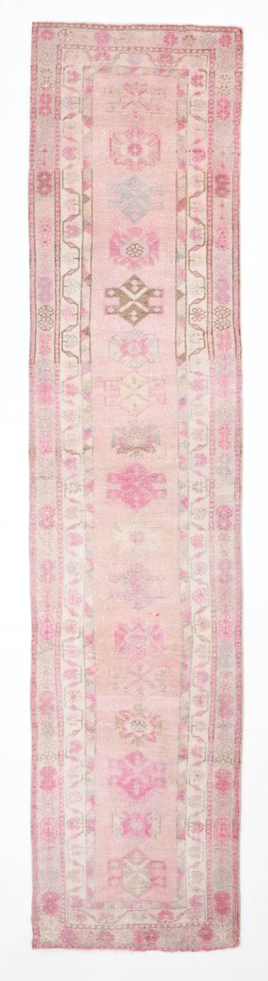 3x12 Soft Pink & Brown Turkish Runner Rug, 86x374CM