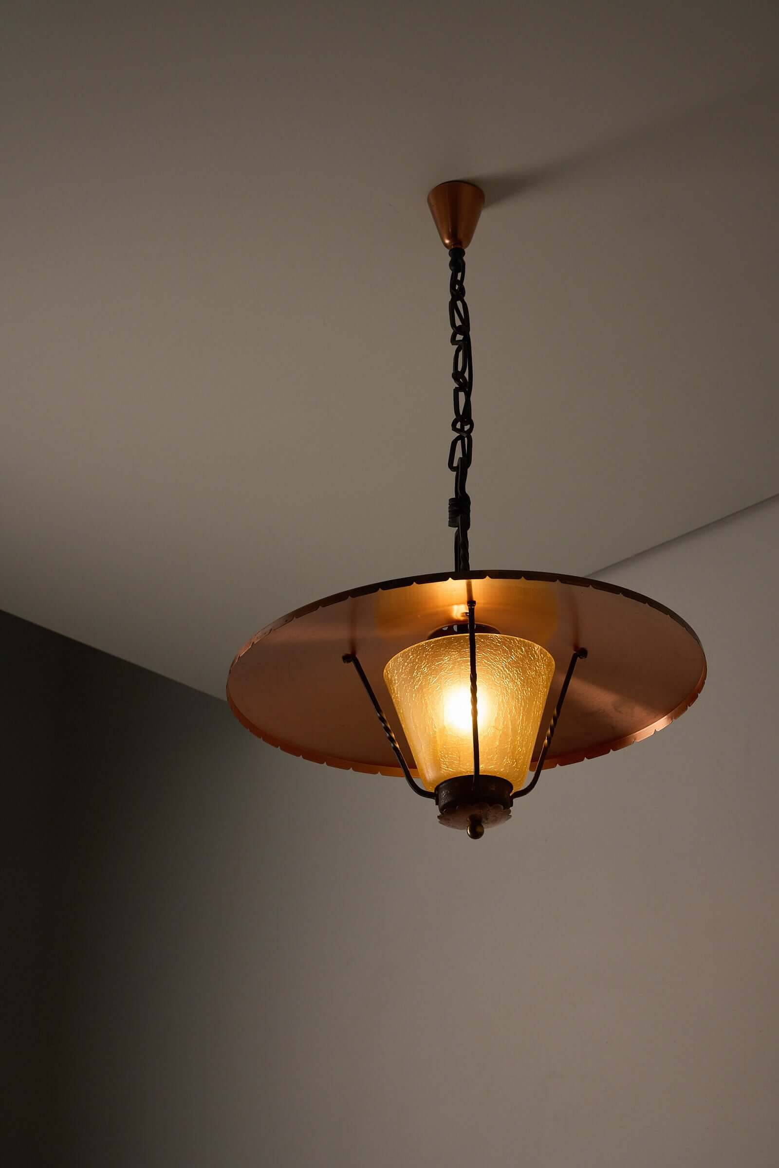 Wrought iron and copper pendant lamp with textured glass diffuser