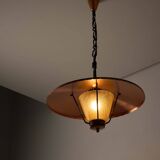 Wrought iron and copper pendant lamp with textured glass diffuser