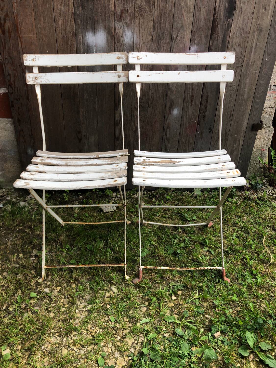 Pair of vintage white metal & wood folding garden chairs