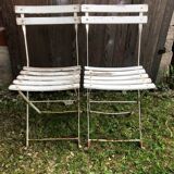 Paire de chaise pliante de jardin en métal & bois blanc vintage