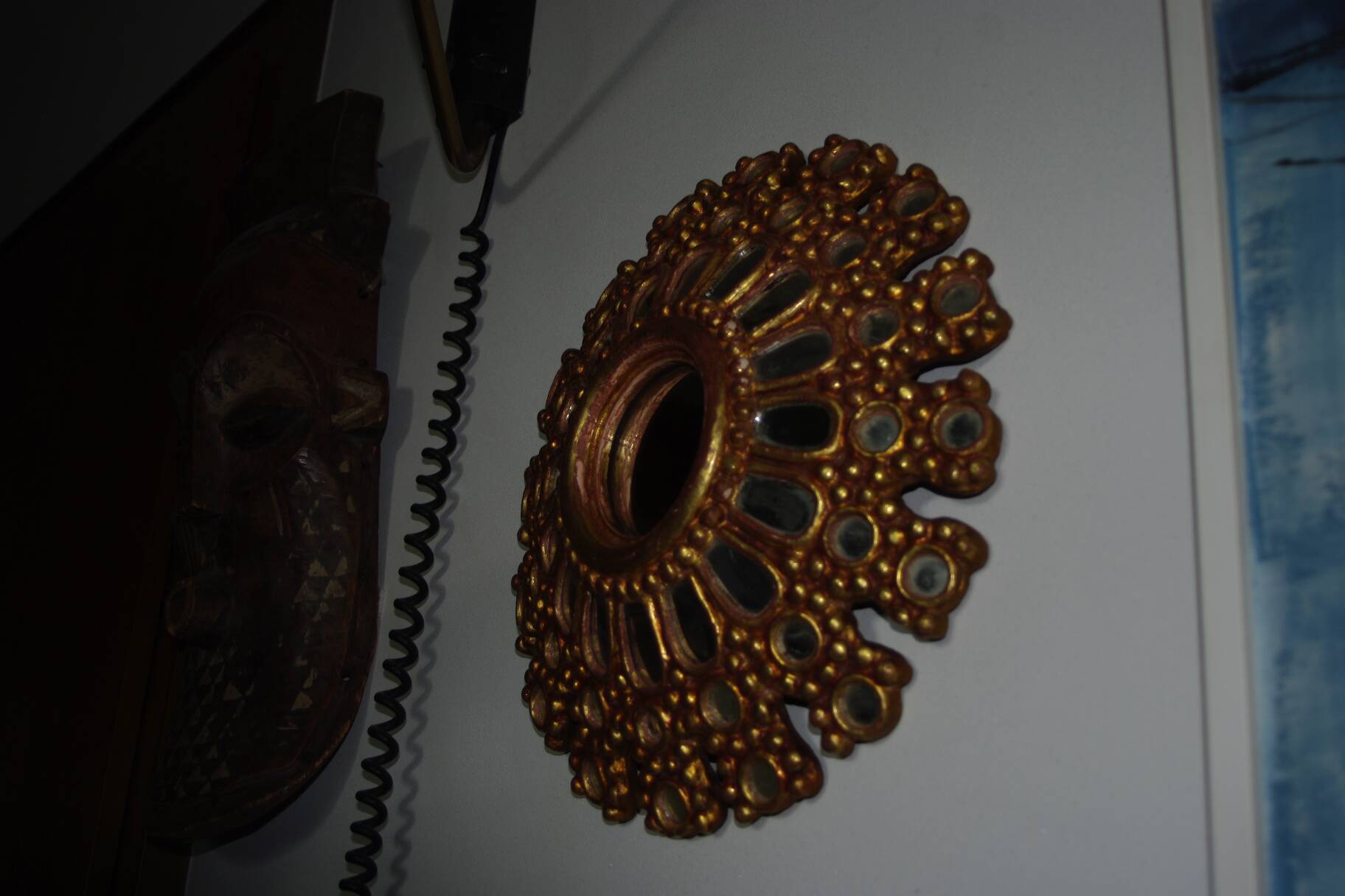 Vintage multi-faceted witch mirror in golden wood 1960 rare