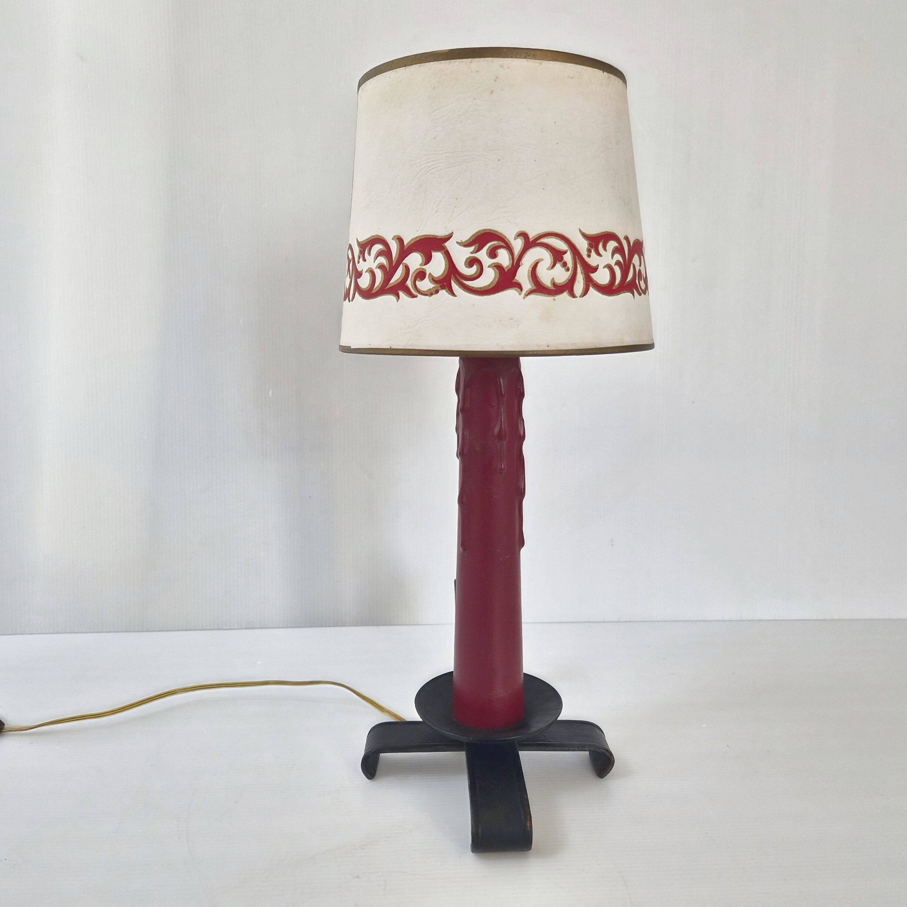 Vintage lamp in burgundy and black leather 1950