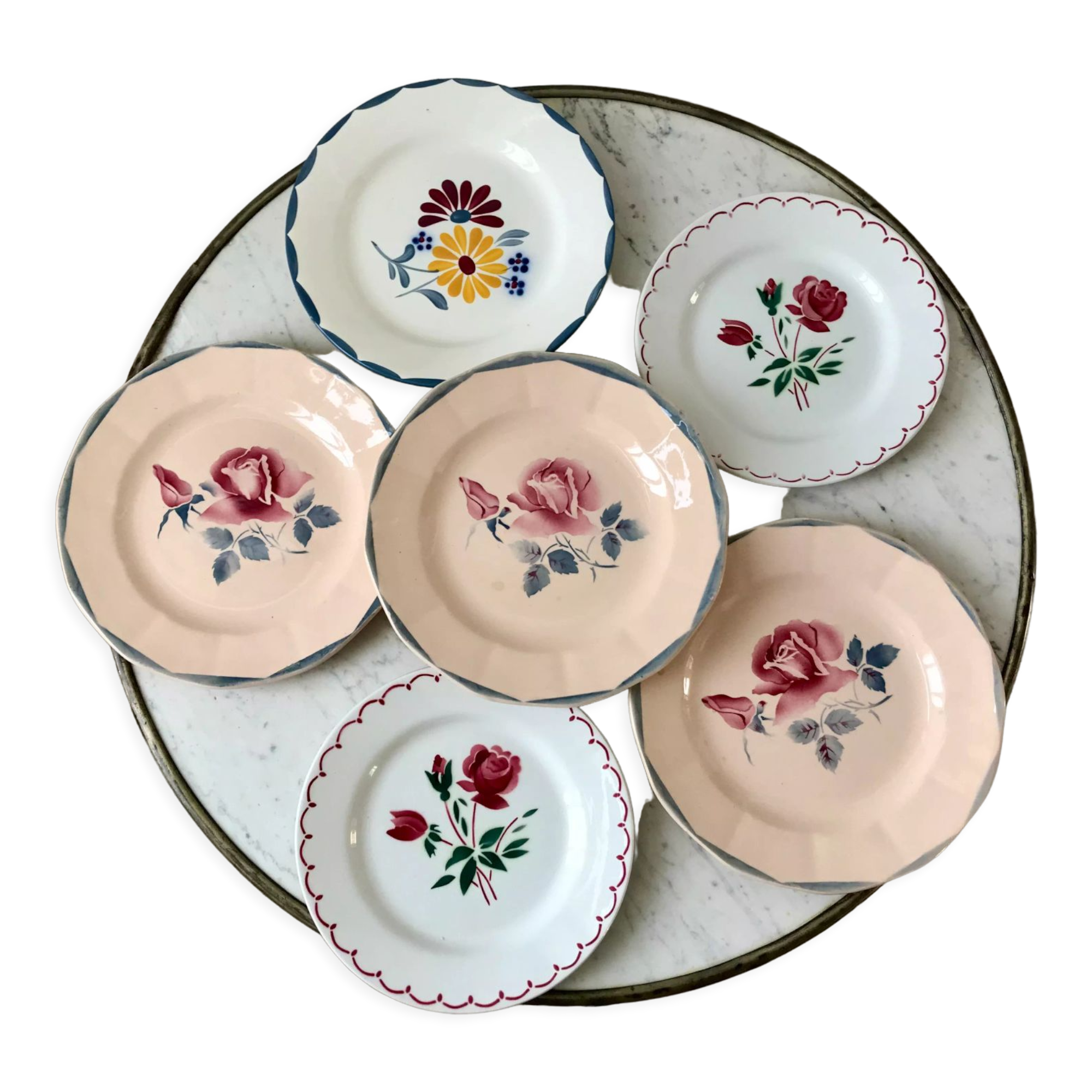 Set of 6 mismatched dessert plates Digoin, Badonviller Salins (Jacqueline) 30s-40s