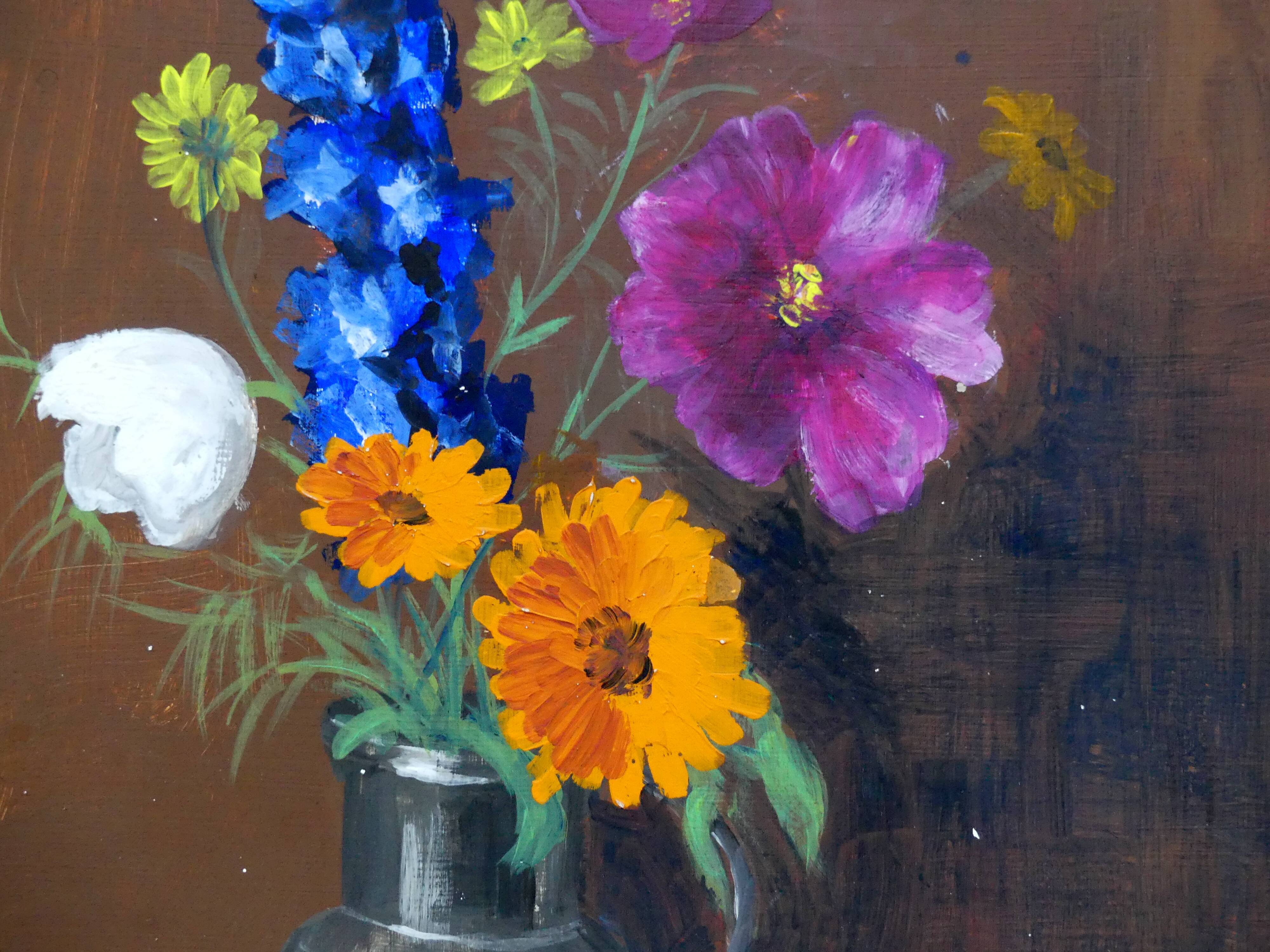 Painting colorful flowers on hardboard still life signed framed