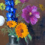 Painting colorful flowers on hardboard still life signed framed