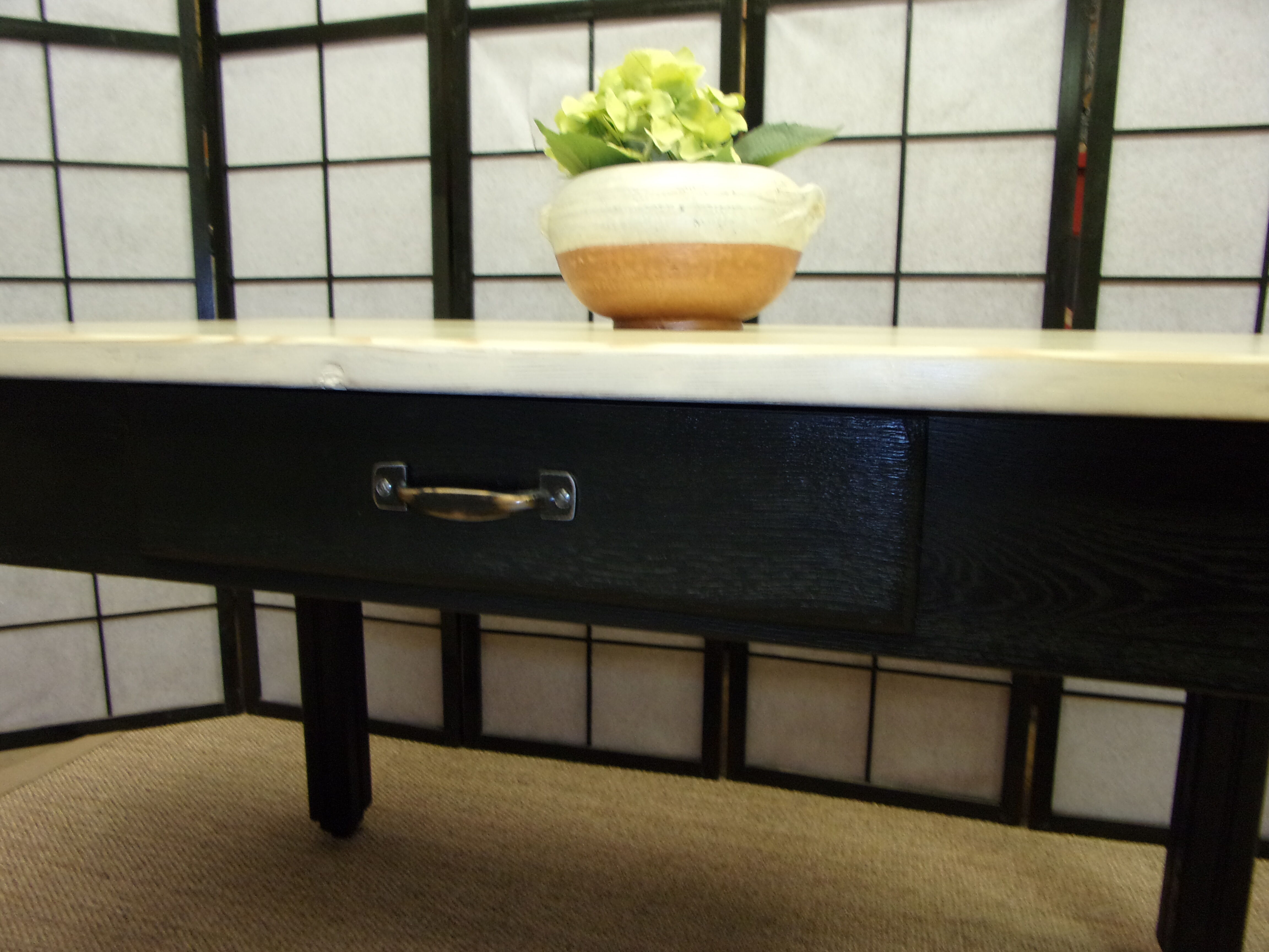 Farm table, dining, oak and pine patinated black and pale yellow