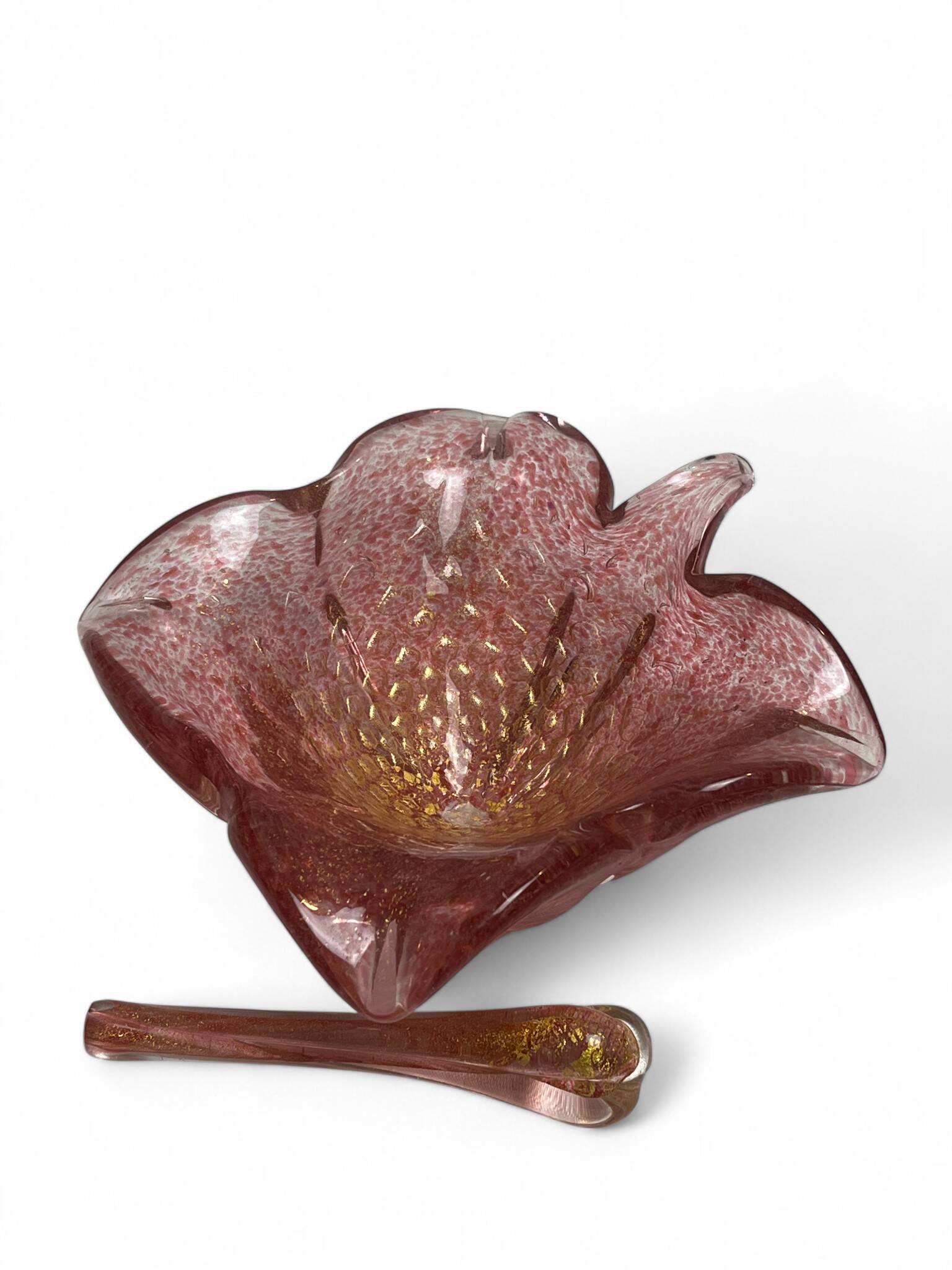 Murano, vide poche forme mortier fleur rose et or XXème