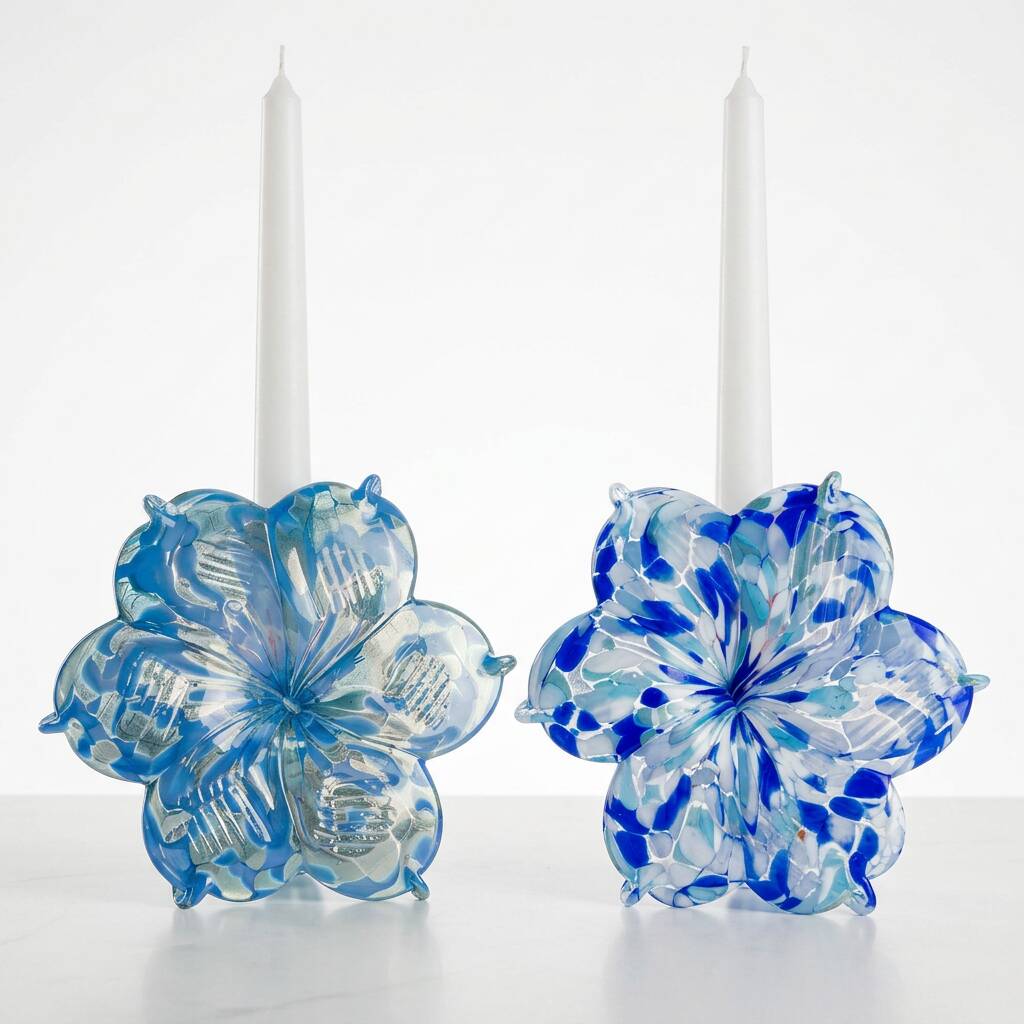 pair of flower candle holders made of glass handcrafted in Italy