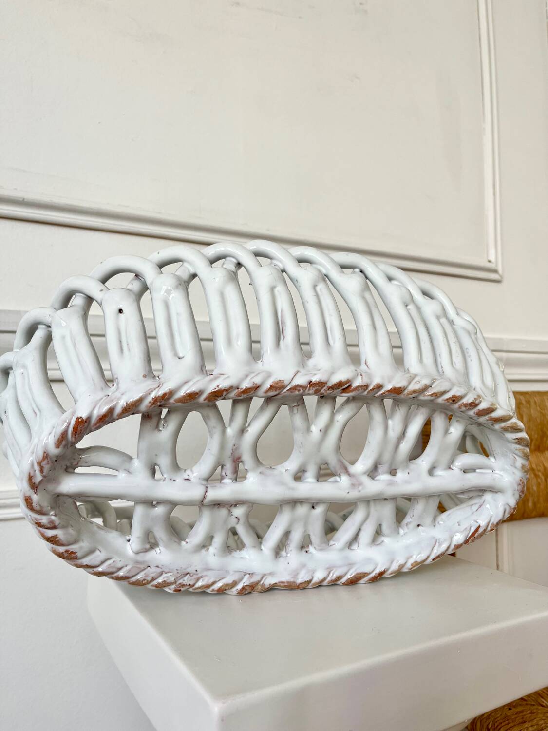 Woven white ceramic fruit bowl