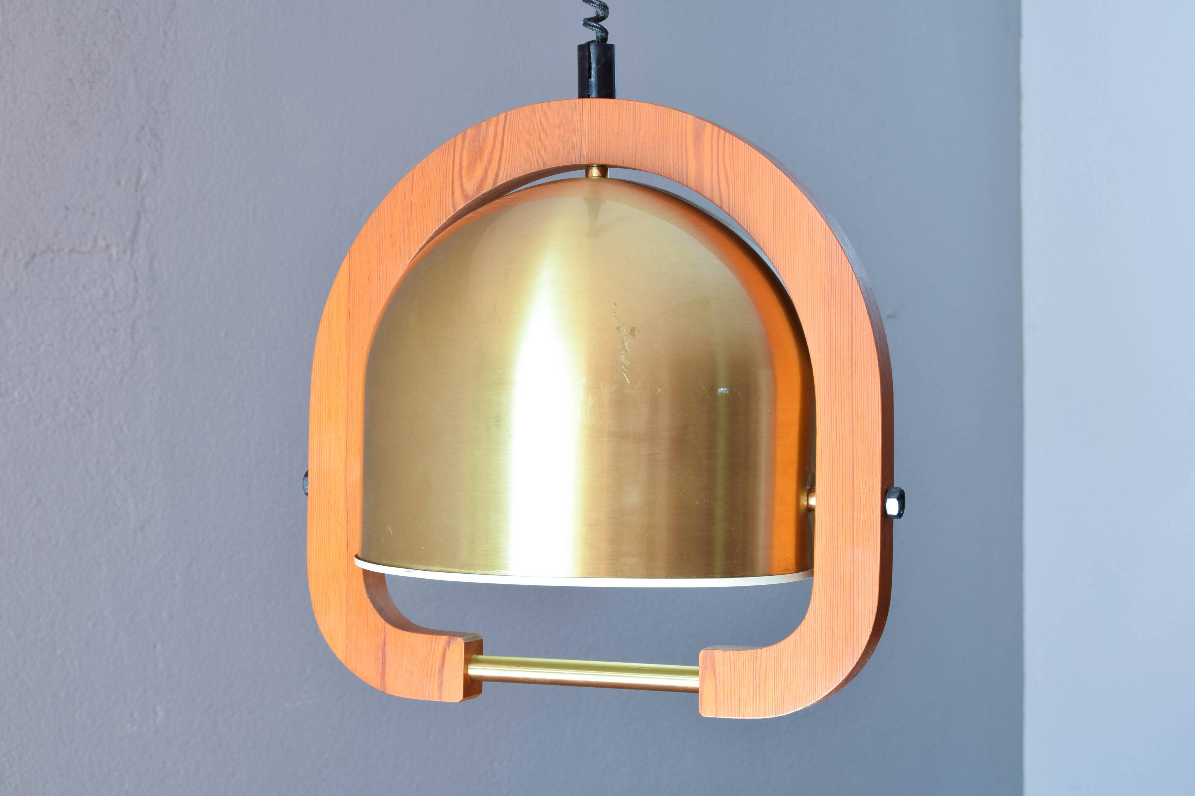 Mid Century Italian Modern Brass and Oak adjustable height Chandelier 70s