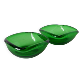 Pair of green colored glass storage compartments, in the Murano style, 1970