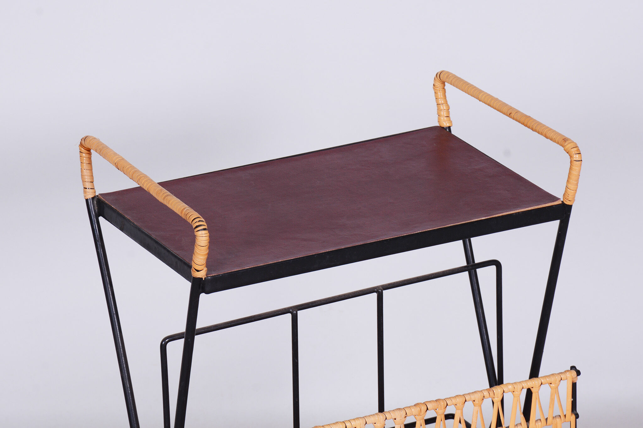 Original midcentury side table, metal, rattan, scandinavia, 1960s