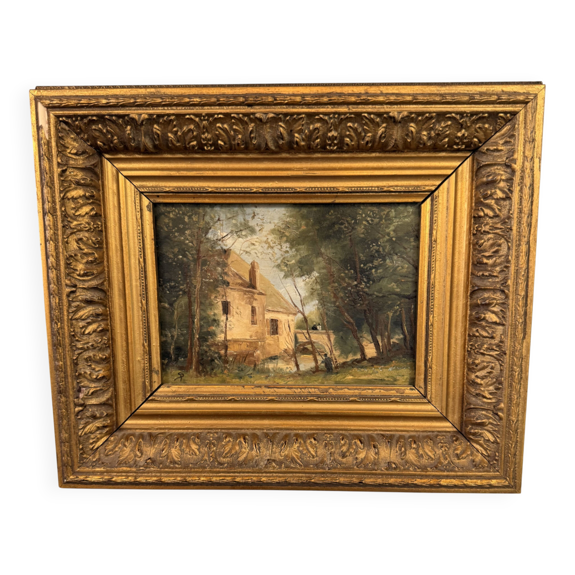 Ancienne huile sur bois – Maison en forêt – Paysage