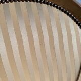 DeCoene antique wood writing desk with beige striped upholstered chair, brass-accented classic set