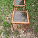 Pair of bamboo and smoked glass tables