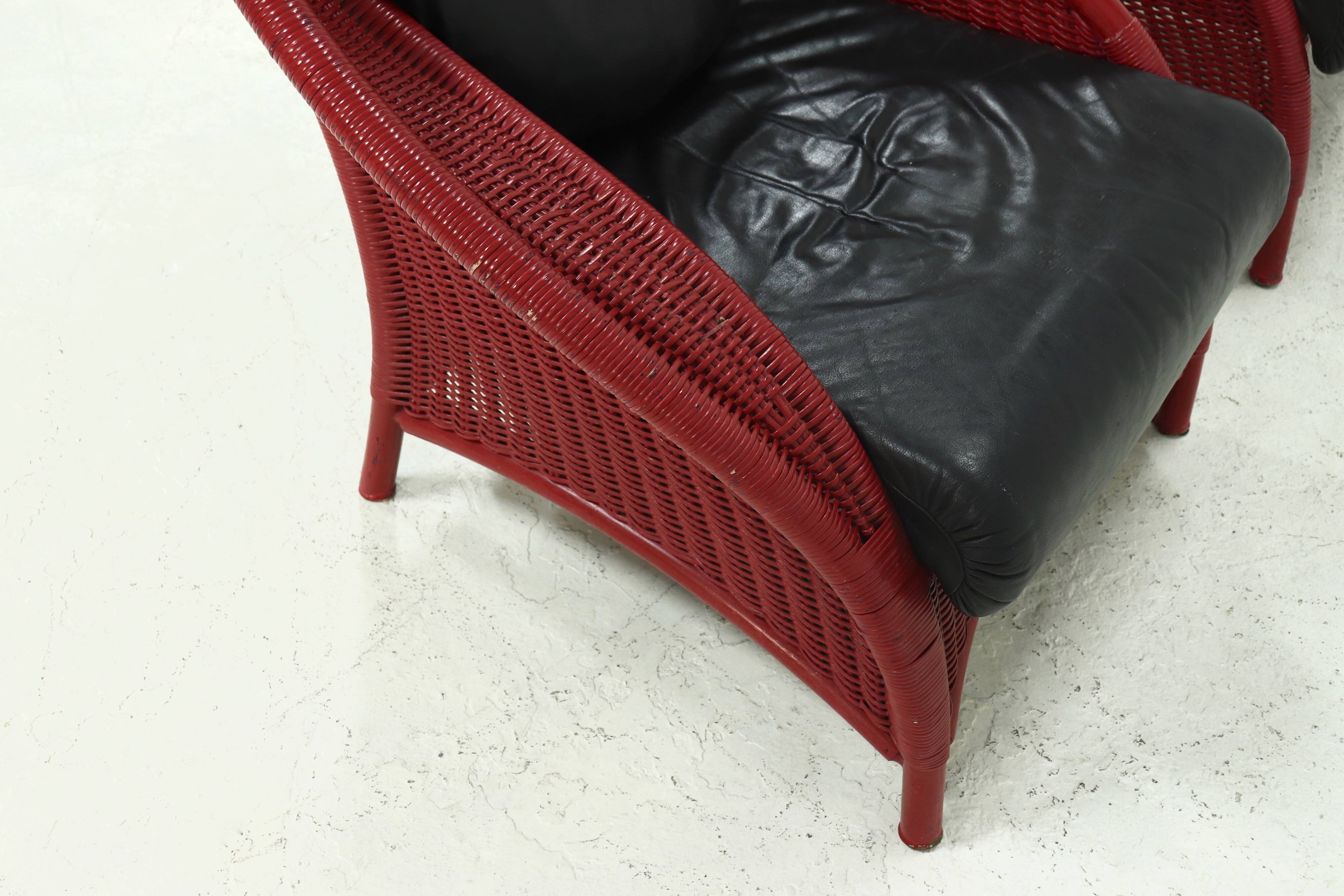 Set of 2 Sculptural Lounge Chairs in Red Lacquered Rattan 1970s