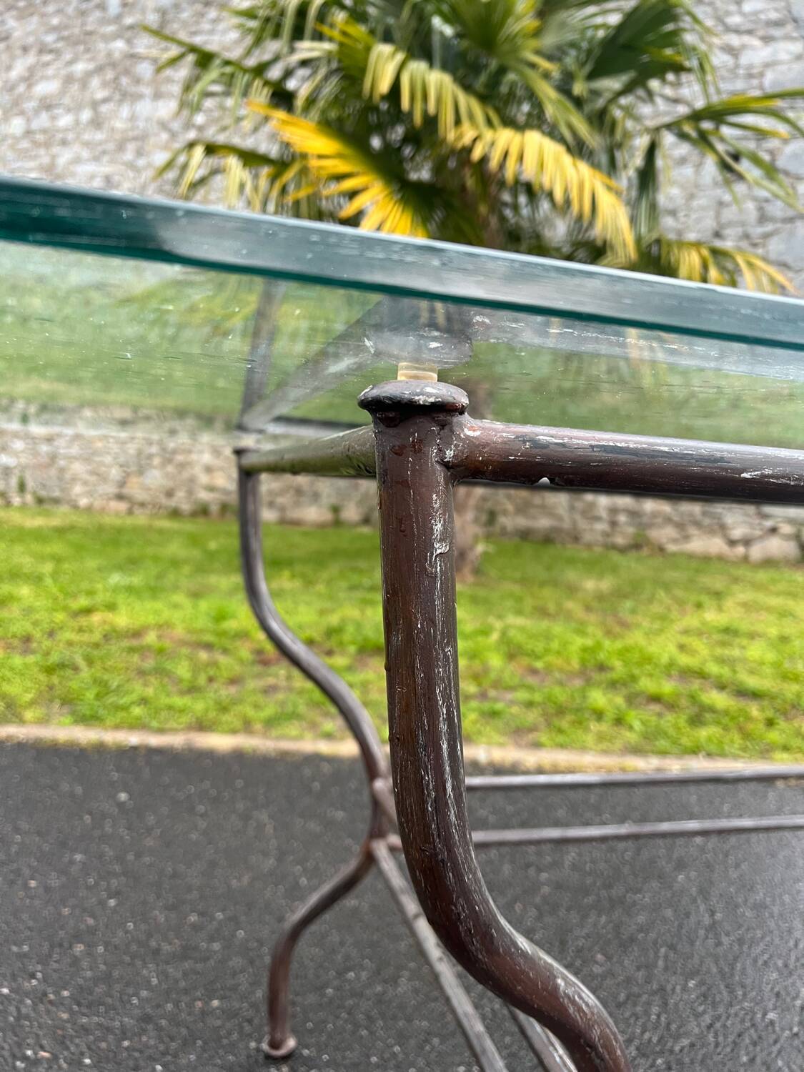 Rectangular table translucent glass top metal base vintage 1980
