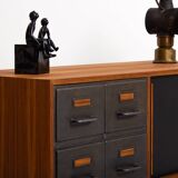 Teak sideboard with industrial metal drawers and 2 black sliding doors