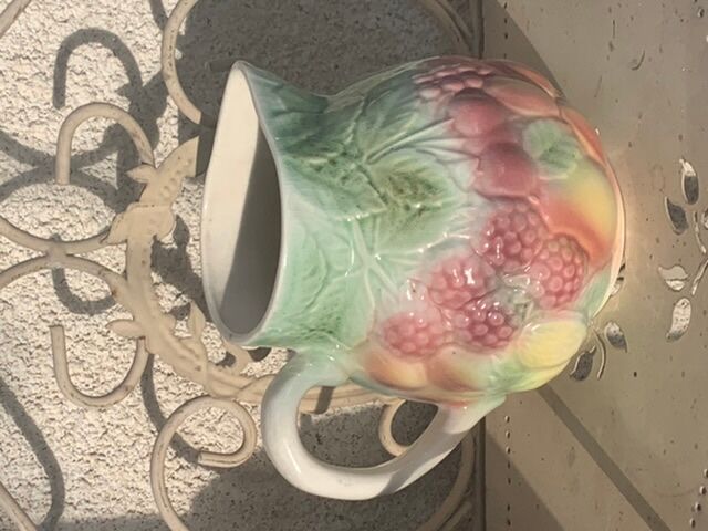 Pitcher, slurry carafe with fruit pattern, vintage glazed ceramic