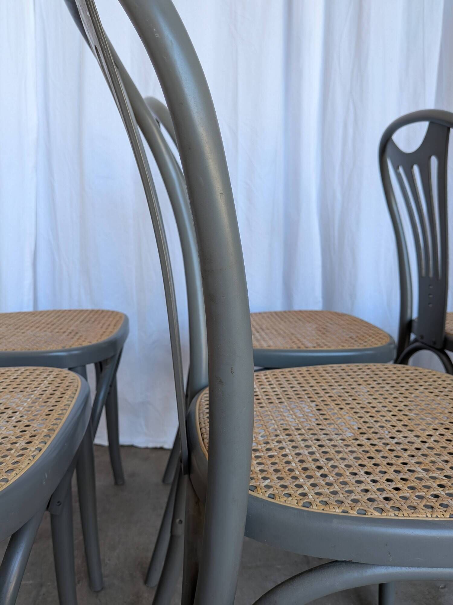 Set of 8 Vintage Gray Bentwood Dining Chair: Thonet Style Cane Seat