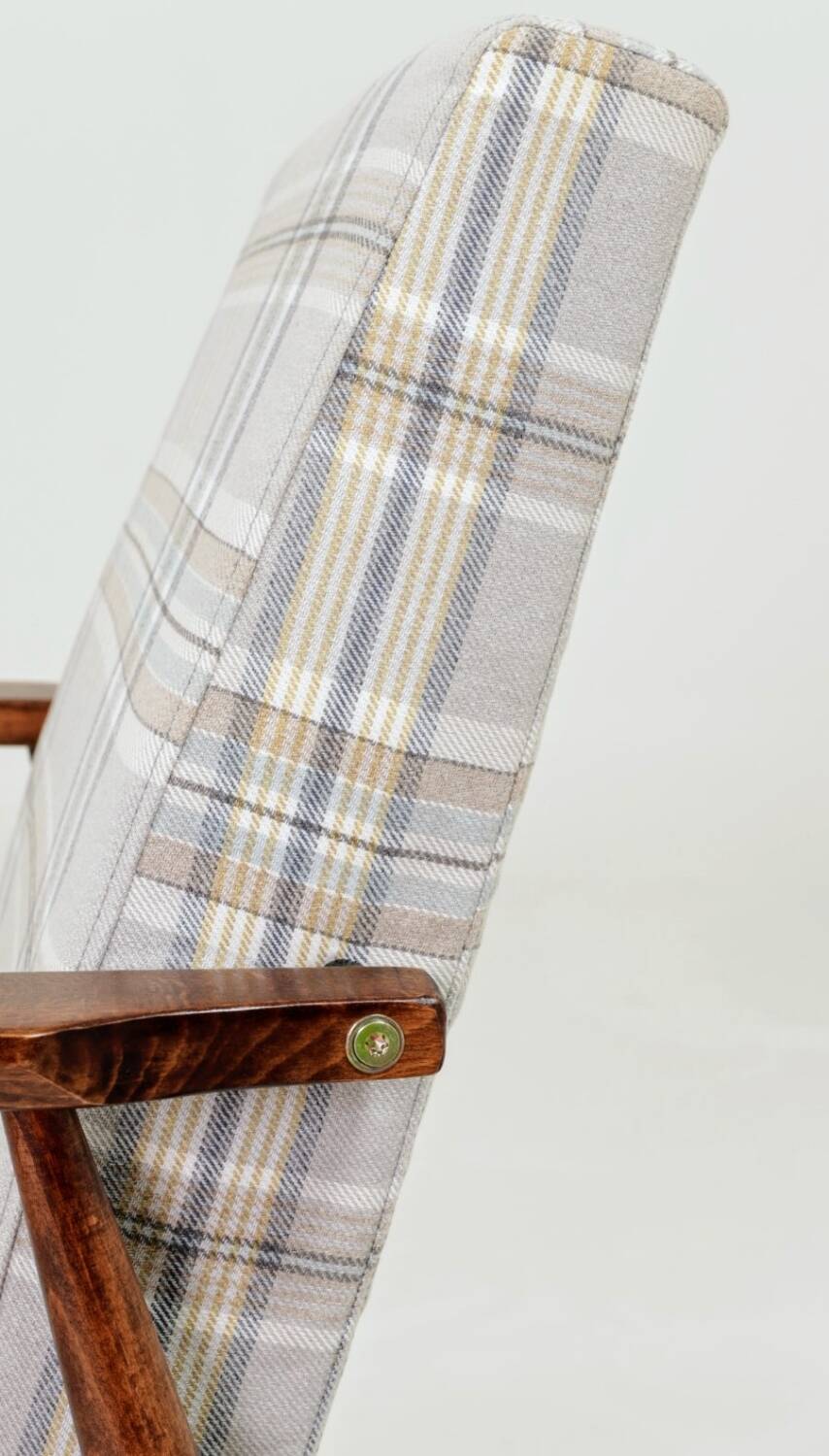 Vintage armchair and footstool in beige blue tartan, modern design