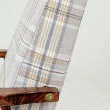 Fauteuil vintage et repose-pieds tartan beige bleu modern design
