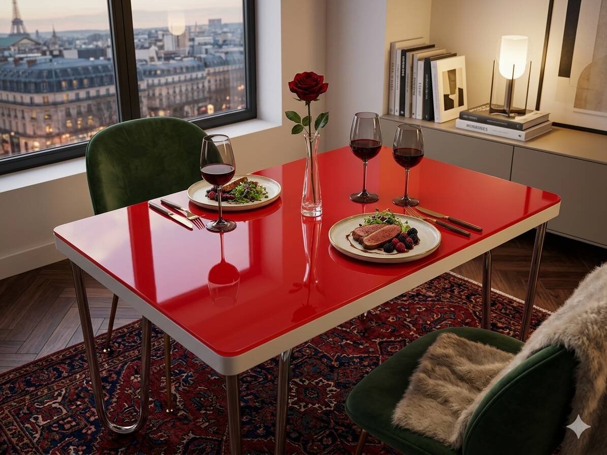 Table "floating" Space age 1970 Red Glass and Dove Tail - 140x80cm