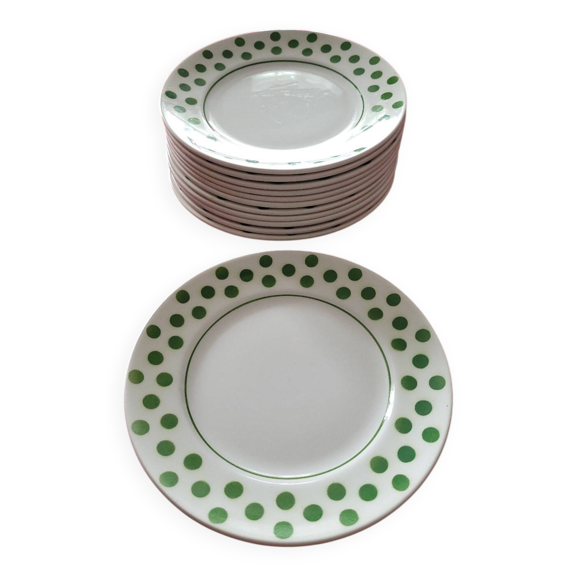 Set of 12 small green polka dot dessert plates - Moulin des Loups