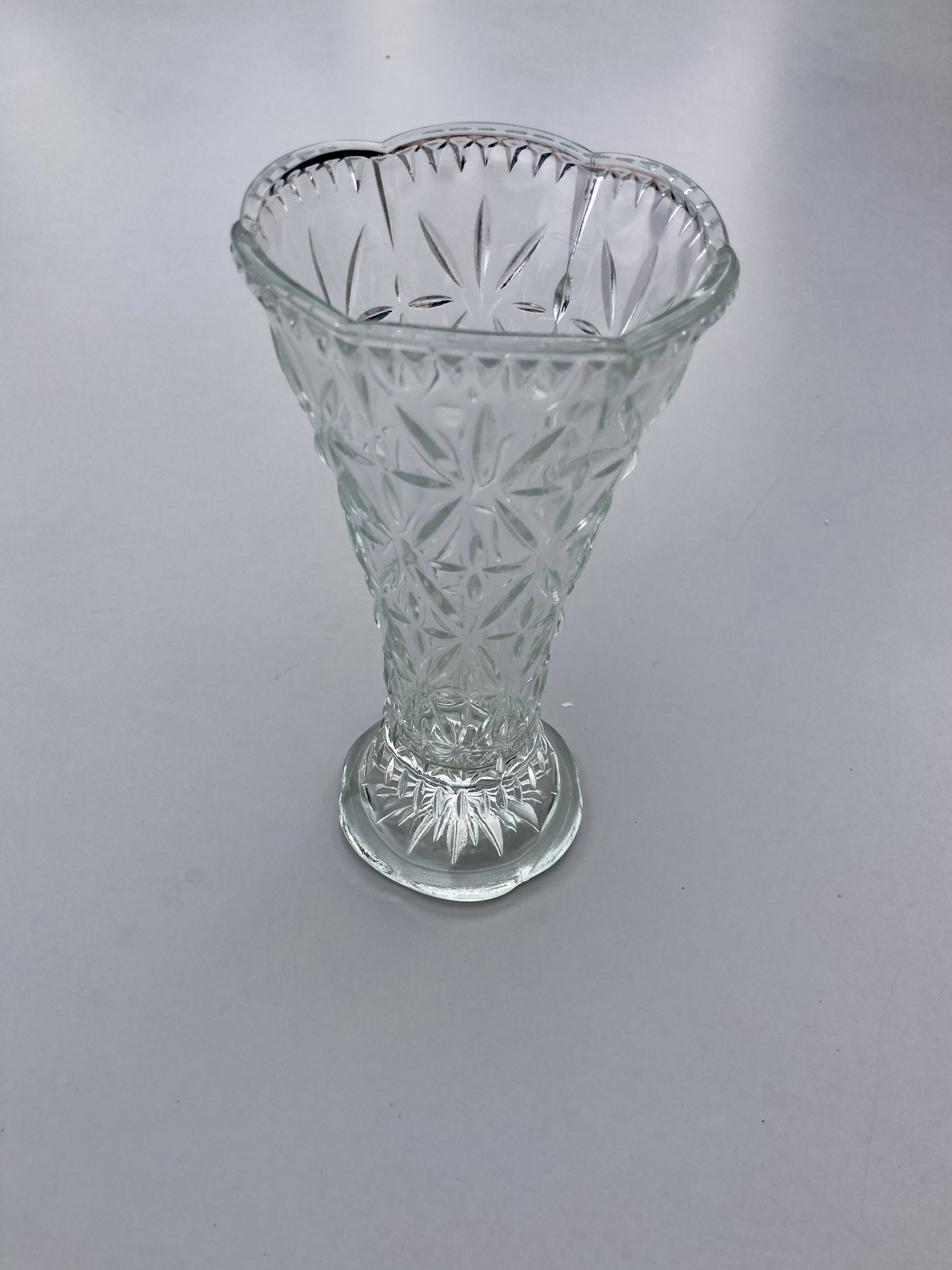 Vintage moulded glass vase from the 60s-70s, geometric design.