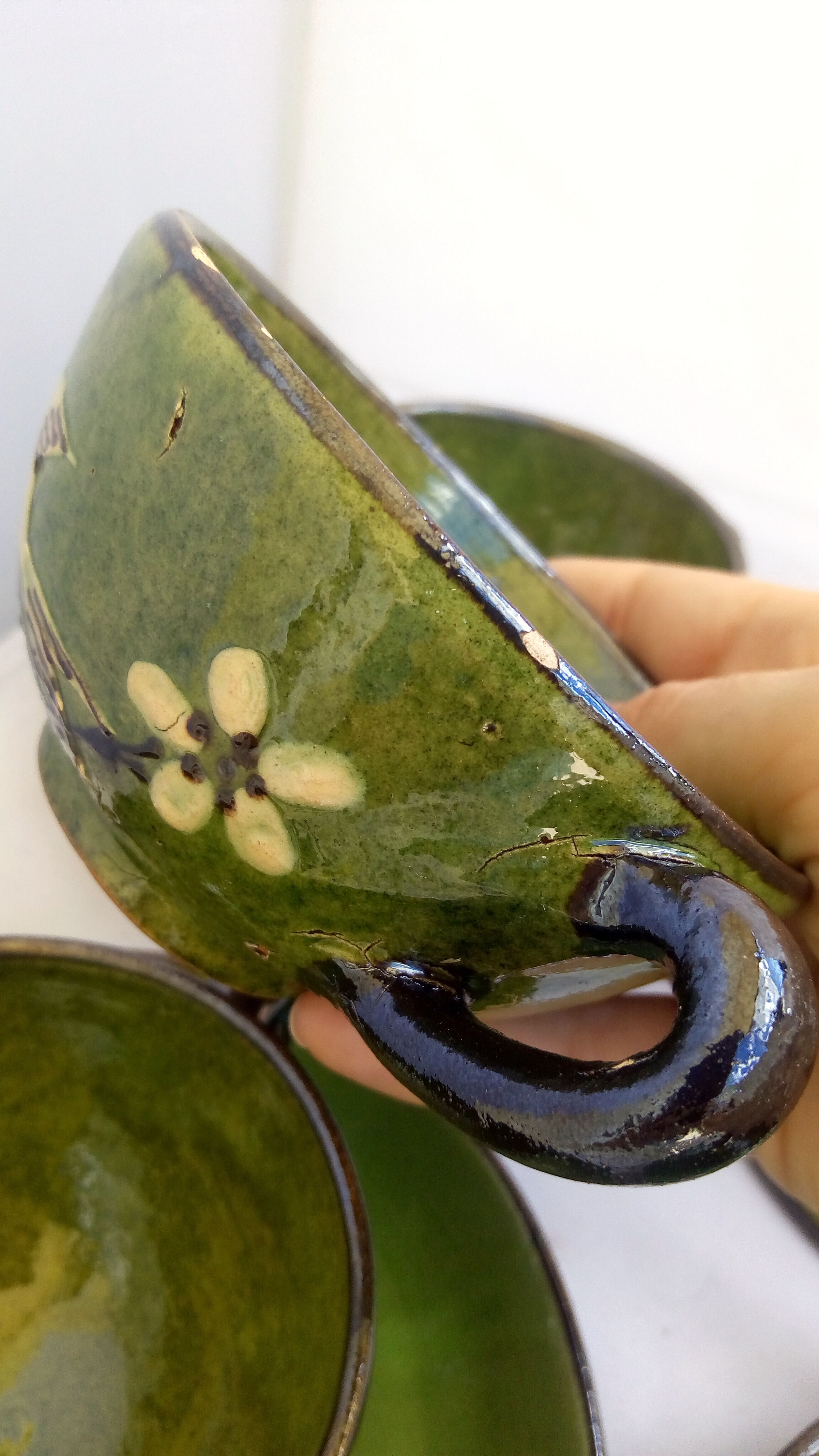 6 tea cups/green ceramic bird coffee