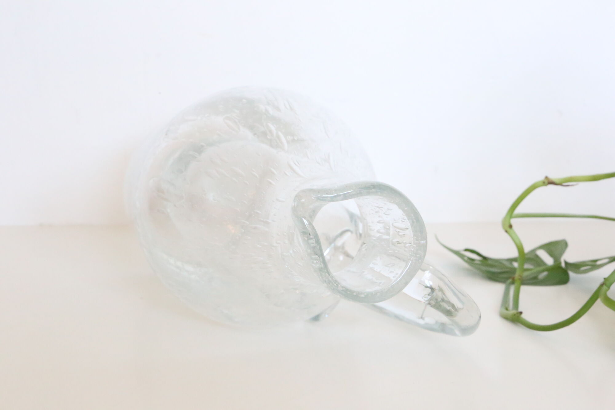 Bubbled glass pitcher with ice tank, handcrafted, French vintag manufacturing