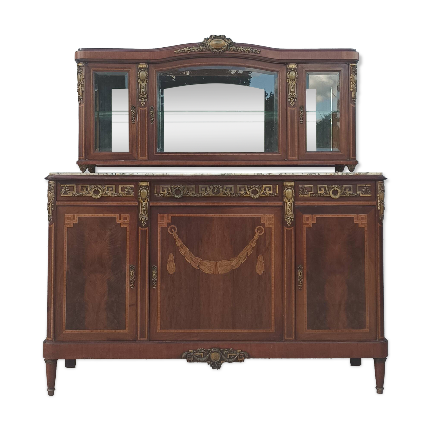 Louis XVI 2-part sideboard in mahogany veneer and precious wood marquetry