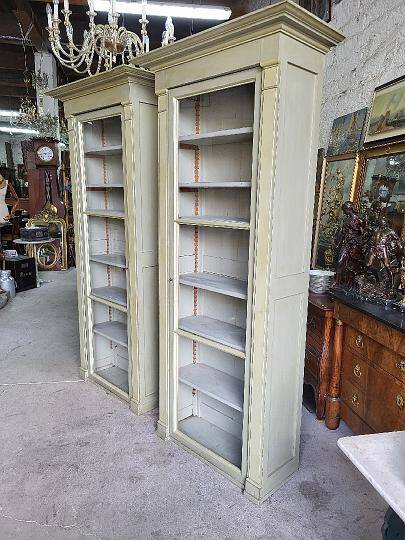 Magnificent pair of green painted fir bookcase display cabinet early 20th century