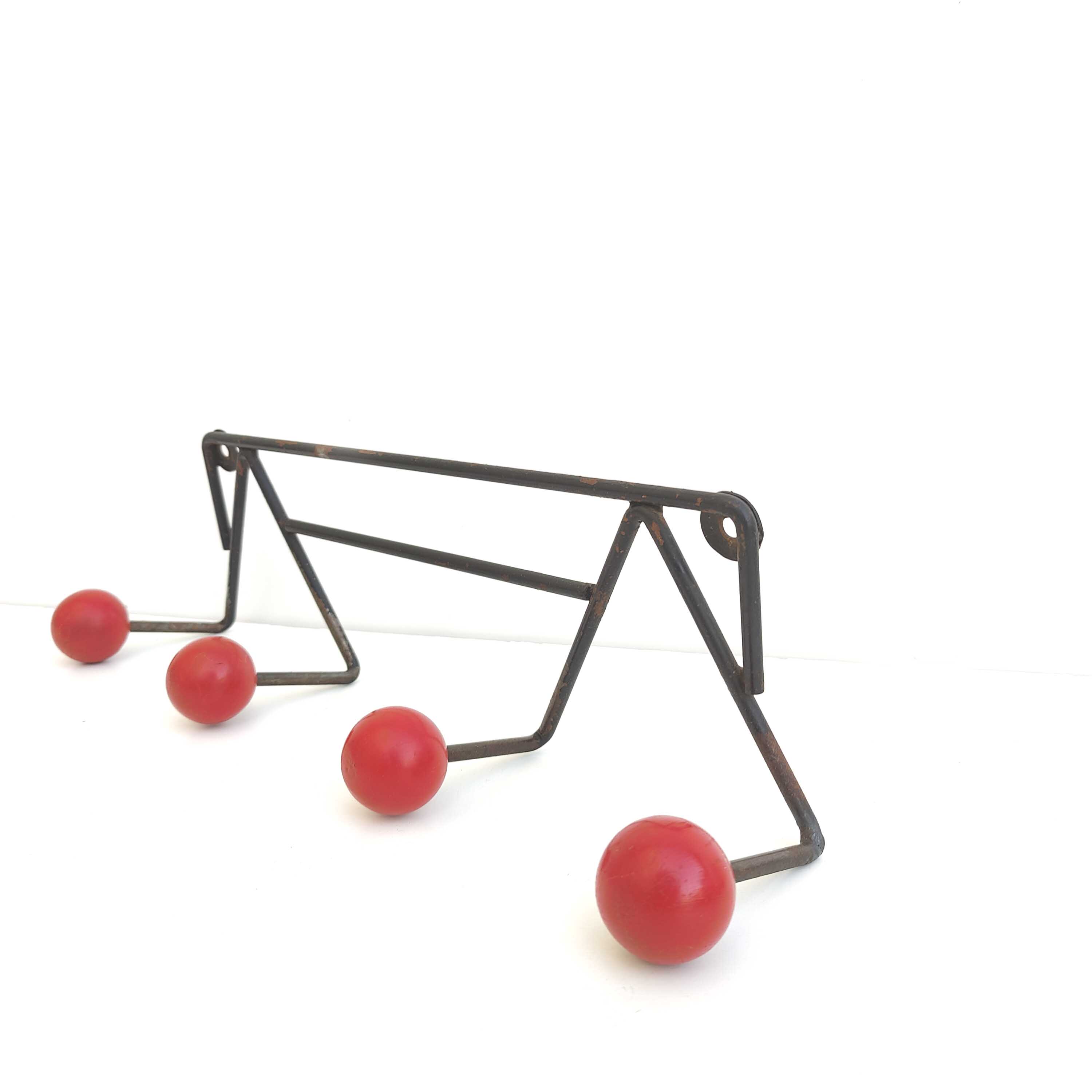 Coat rack Zig-Zag hooks balls red wood