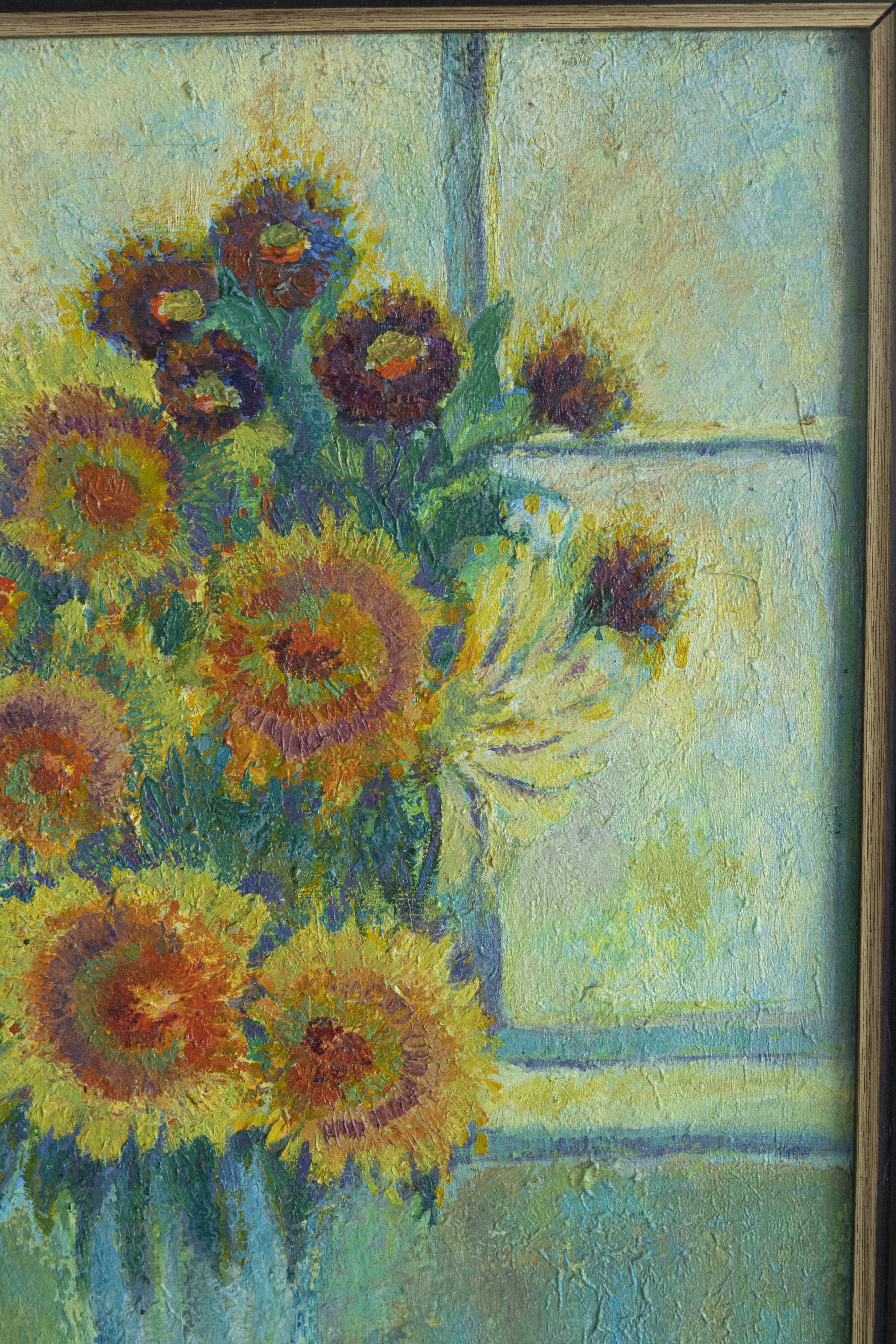 painting oil on canvas sunflowers still life signed