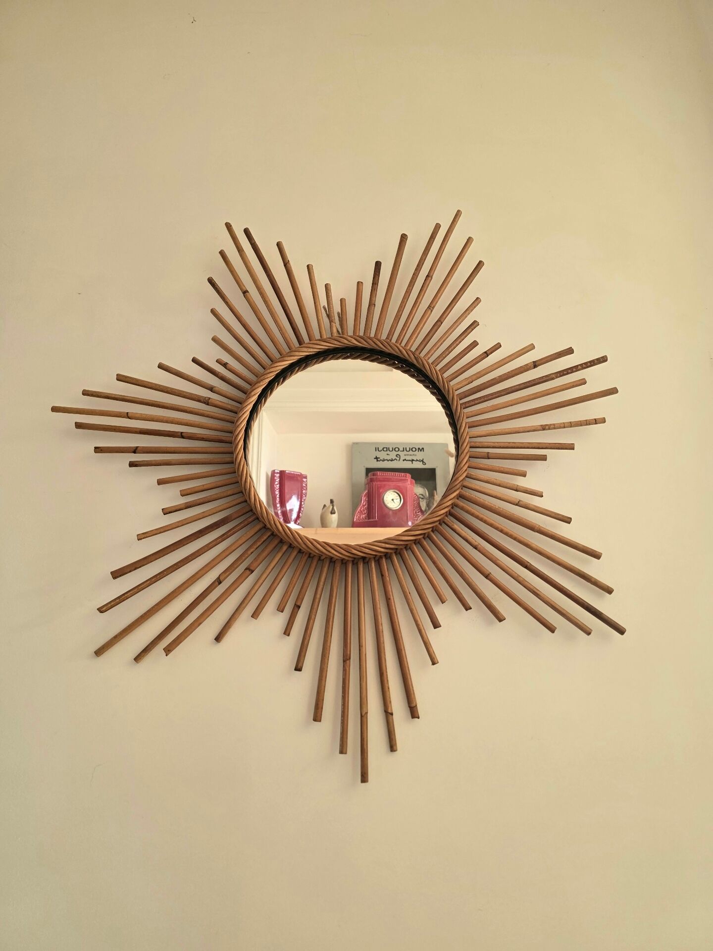 Vintage XL rattan sun mirror
