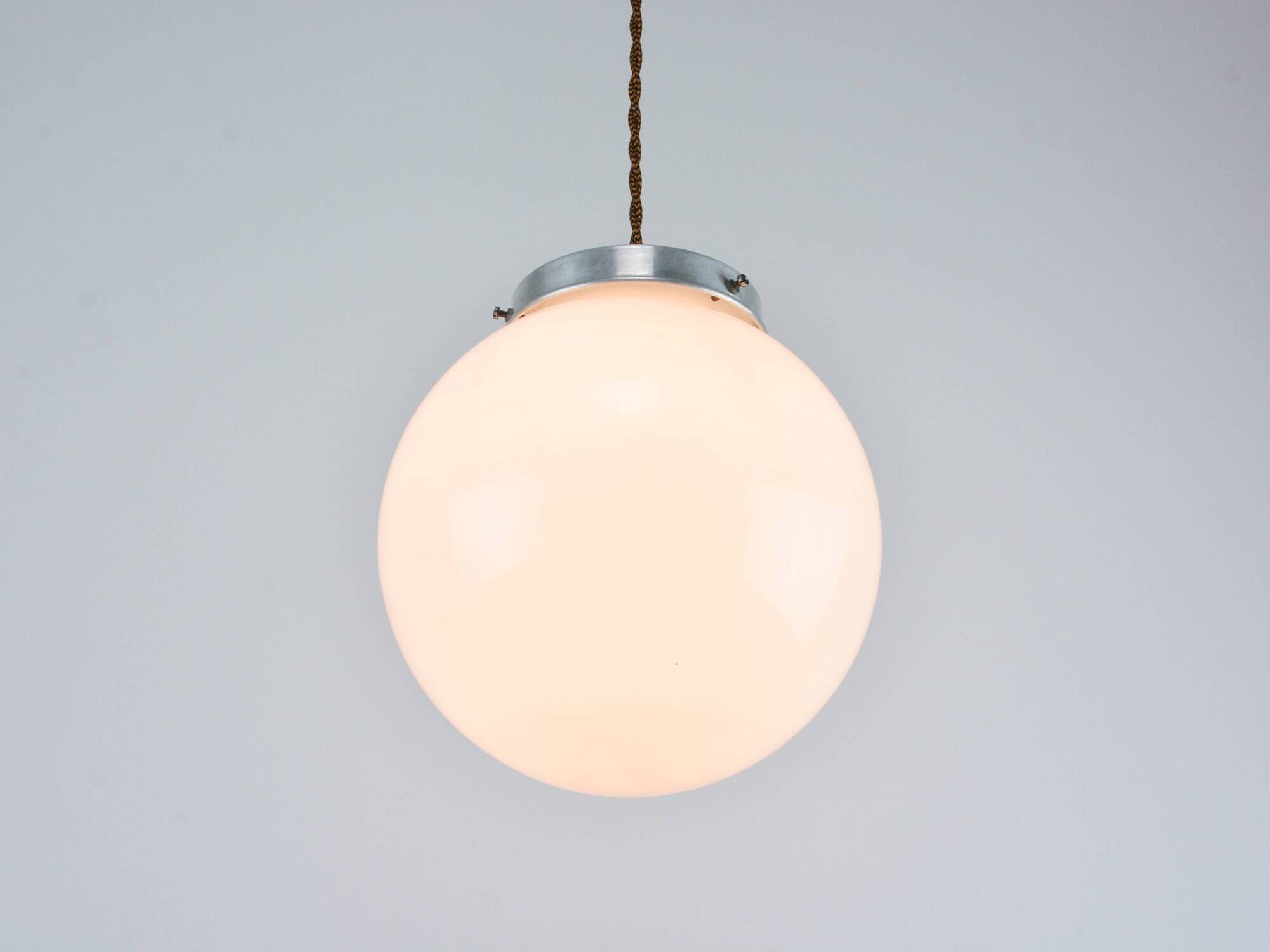 Small Mid-Century Italian Opaline & Metal Sphere Pendant Lamp