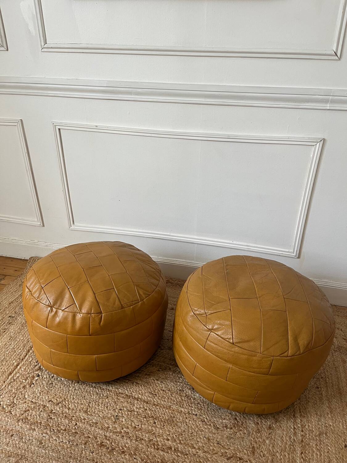 Vintage 70s patchwork leather poufs