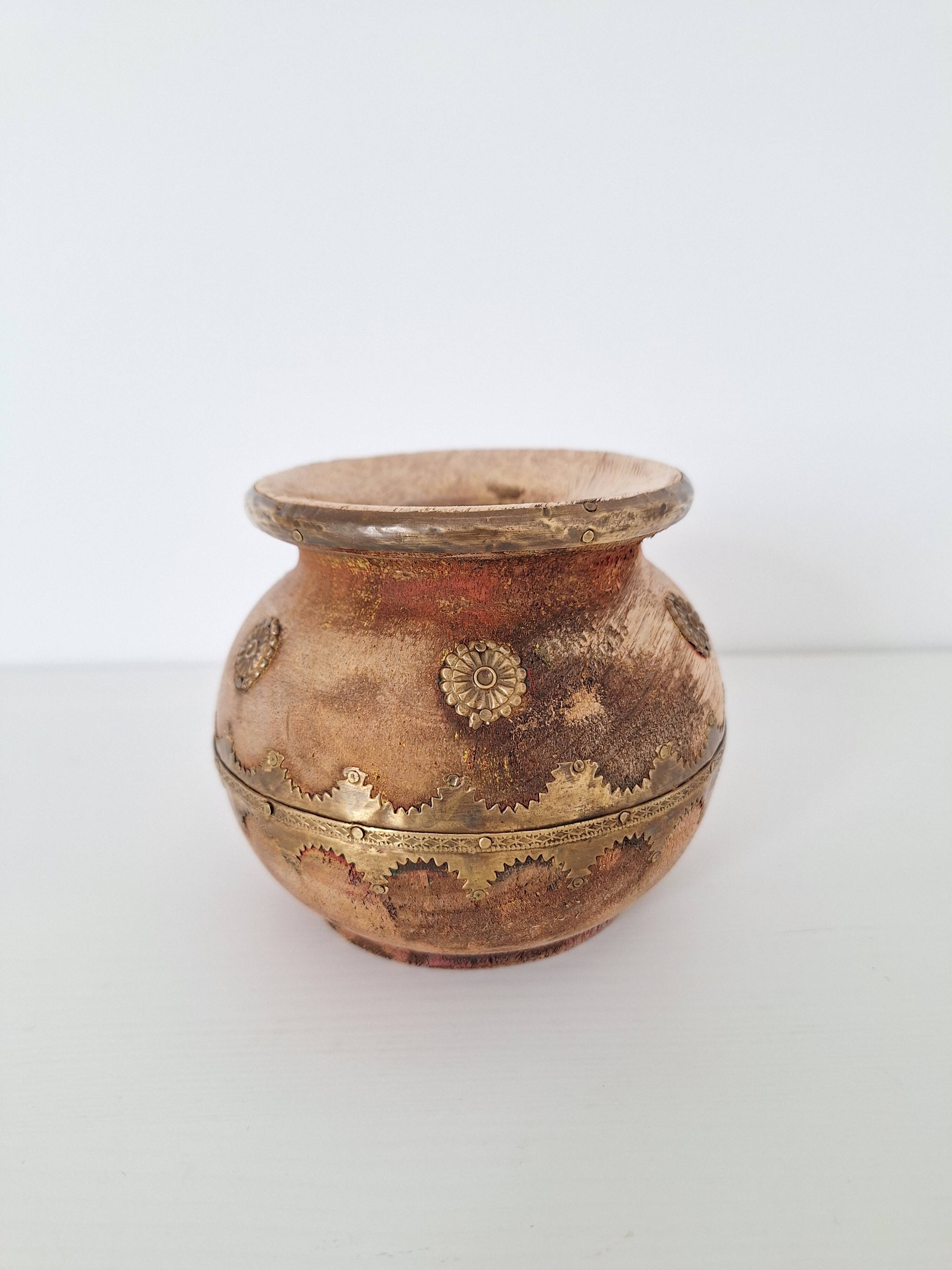 Wooden and brass vase