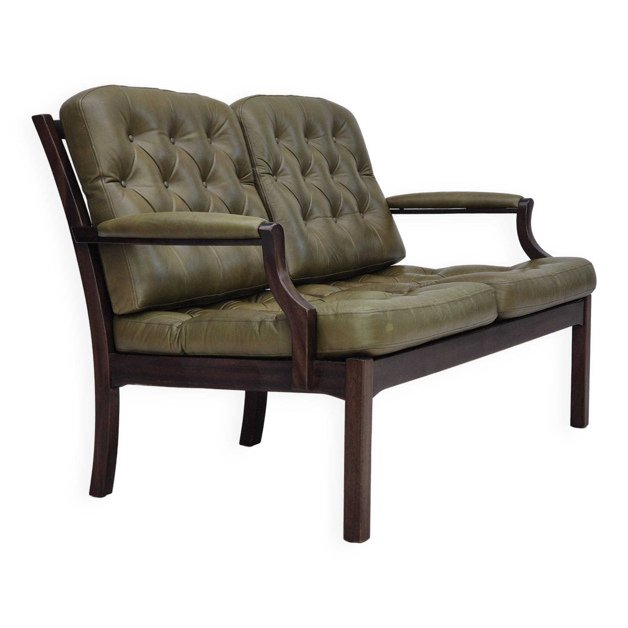 1970s, Scandinavian 2 seater sofa in original condition, green furniture leather, solid teak wood.