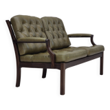 1970s, Scandinavian 2 seater sofa in original condition, green furniture leather, solid teak wood.