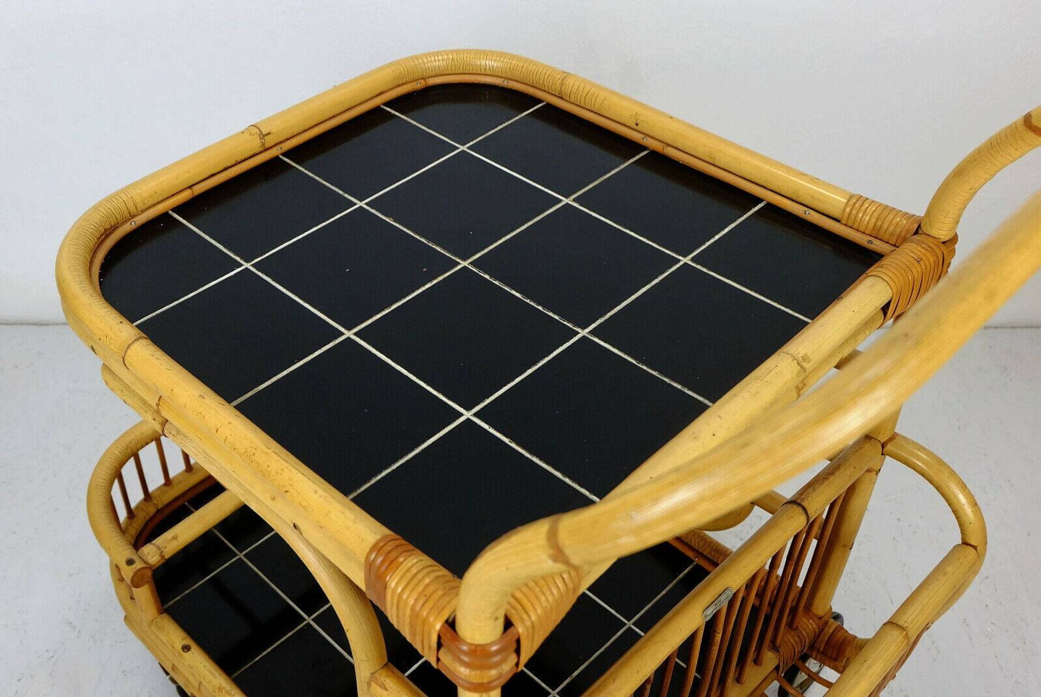 1950s mid century trolley serving cart bamboo wicker black formica