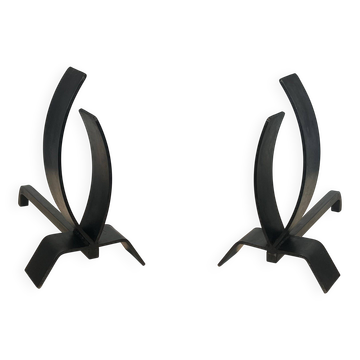 Pair of modernist andirons in steel and wrought iron
