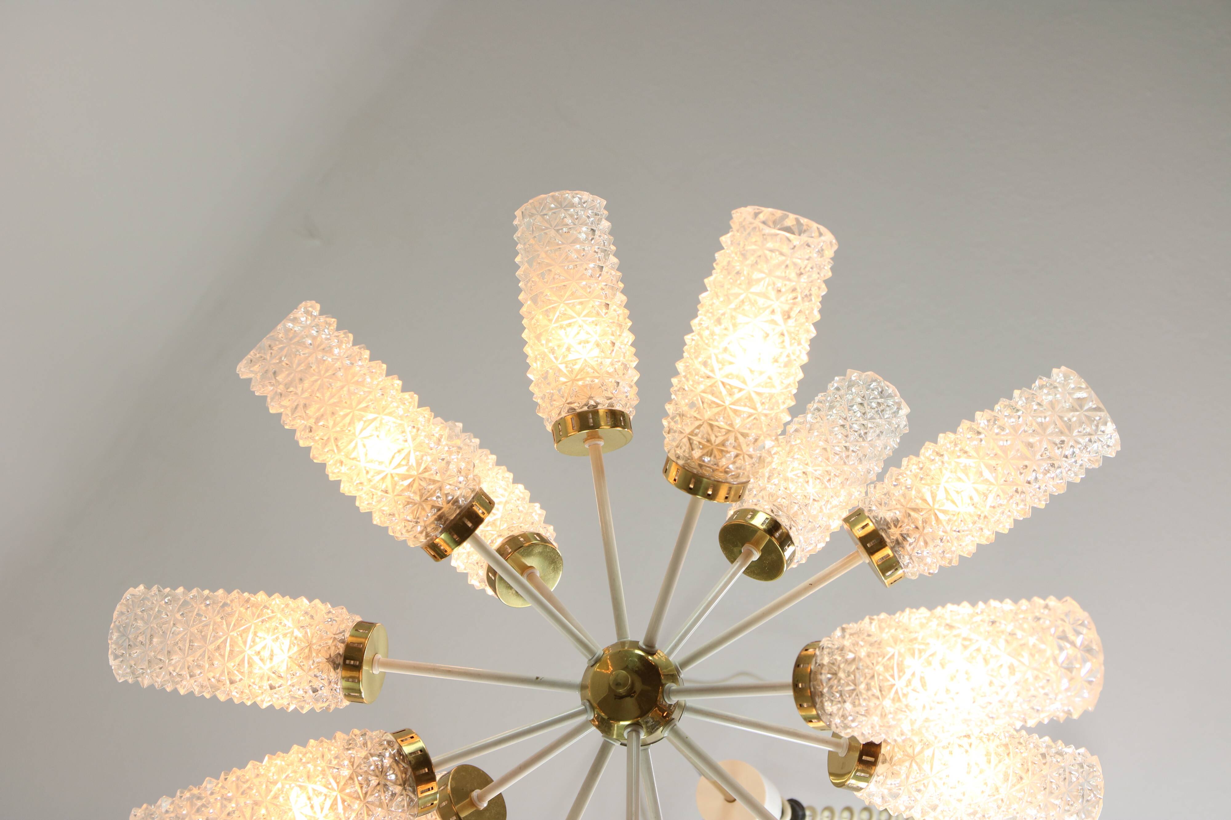 Vintage Sputnik Chandelier: Brass & Textured Glass, Mid-Century Modern Ligh
