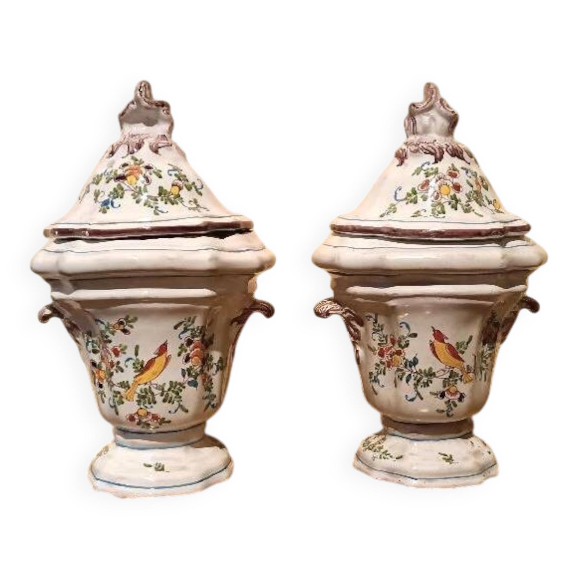 Pair of decorated earthenware vases, 18th century, France