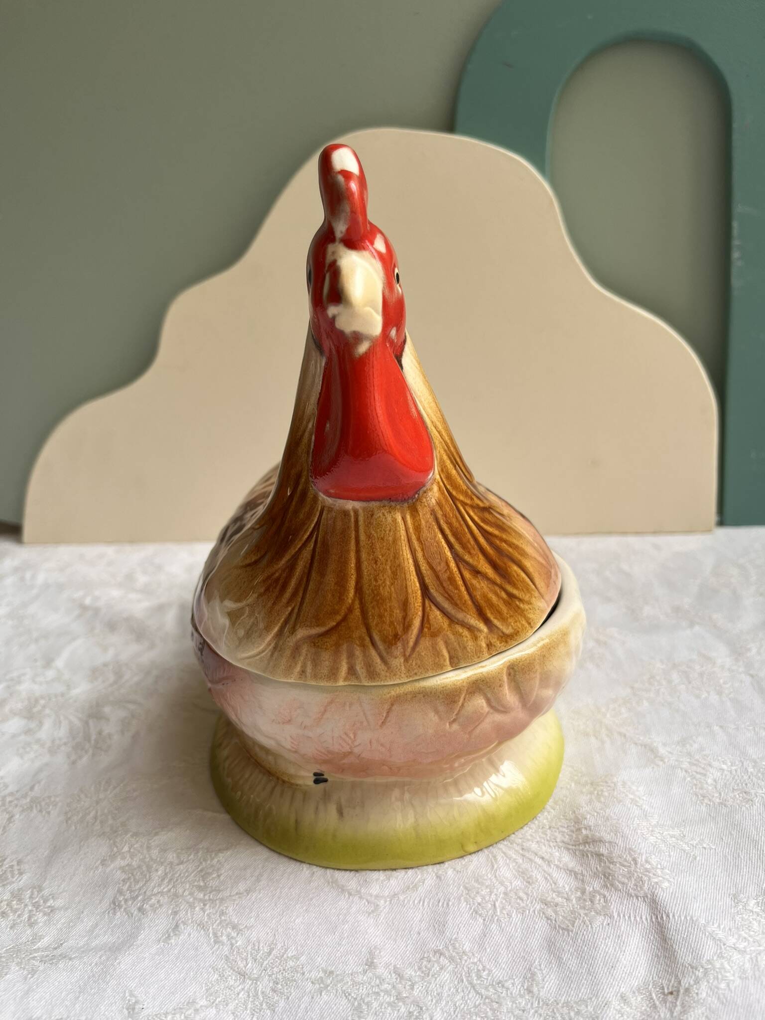 Terrine Michel Caugant rooster or hen in polychrome earthenware