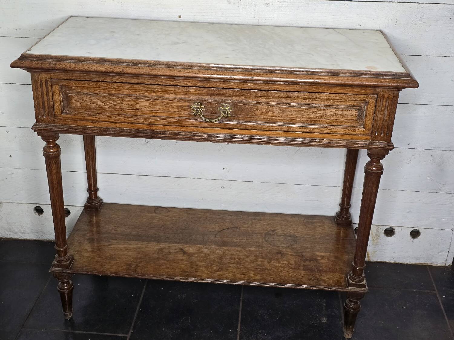 Oak bathroom cabinet with 1 drawer and marble top