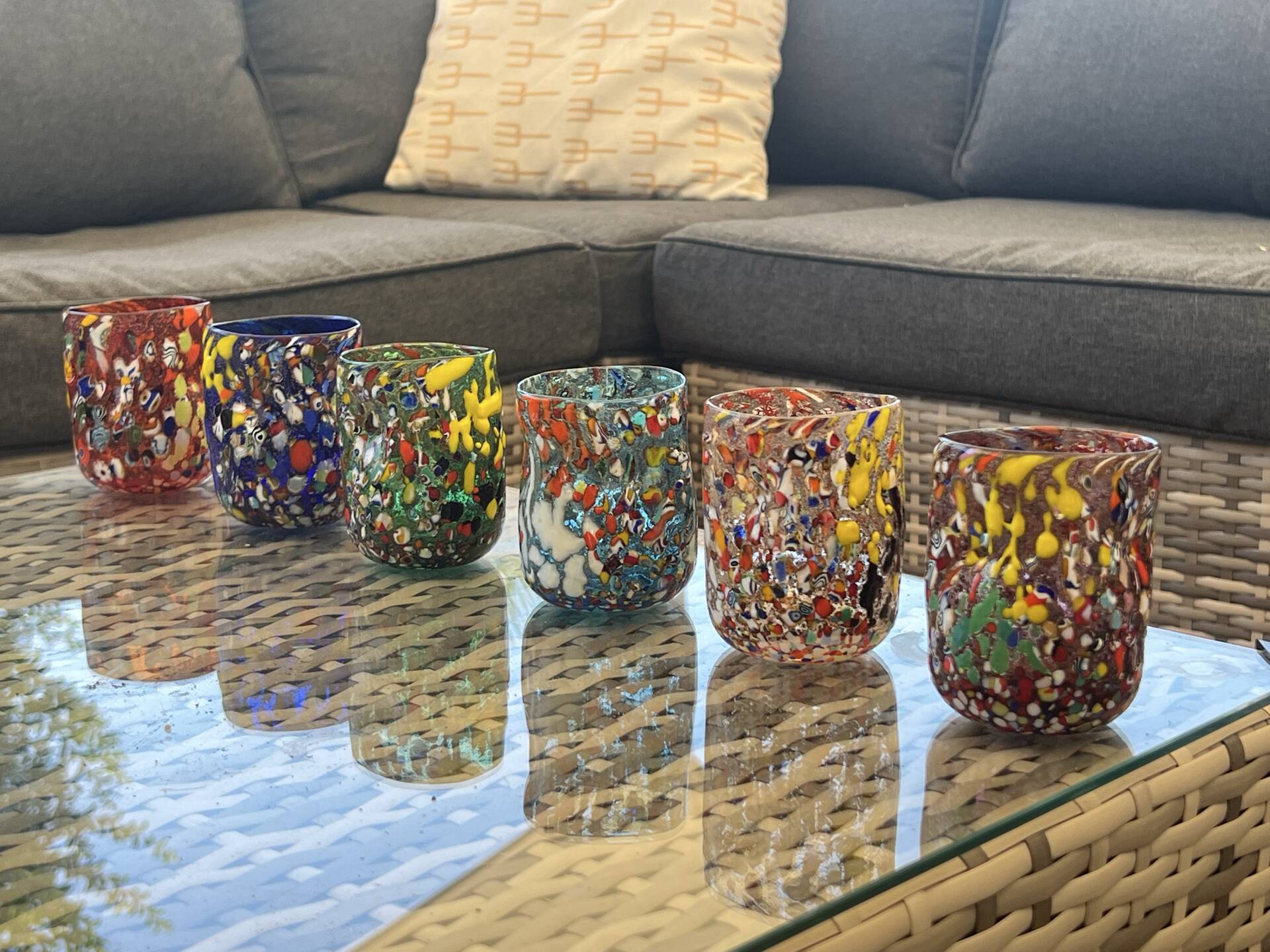 Service of 6 Murano millefiori glasses – handcrafted blown glass – piece