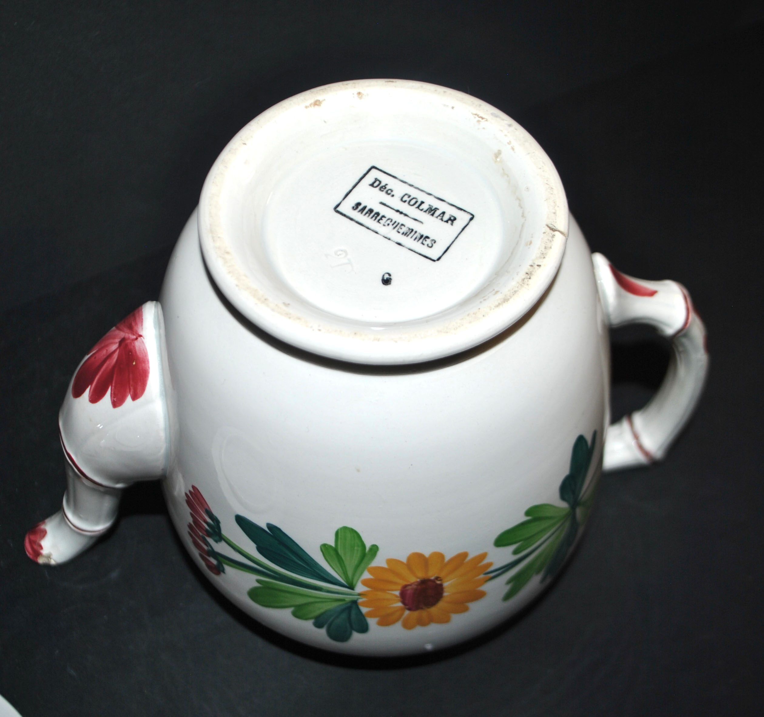 Sarreguemines coffee pot, Colmar polychrome decoration, bamboo shape, 1930.